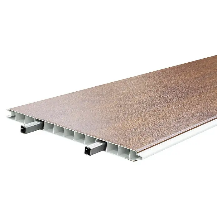 GroJa BasicLine Steckzaun-Verstärkung - Länge: 178 cm - Braunes WPC-Terrassendiele mit Holzmaserung, weißer Unterseite und zwei quadratischen Metallverstärkungsprofilen.