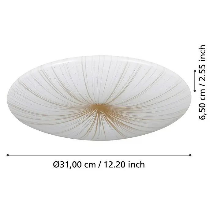 Eglo LED-Deckenleuchte rund NIEVES 1 - 19,5 W, Ø x H: 41 x 6,5 cm, Weiß/Gold, Warmweiß - Nahaufnahme einer runden, weißen Deckenleuchte mit goldenen Streifen und Maßangaben.