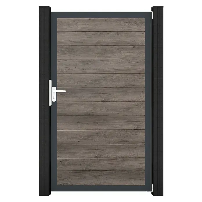 GroJa BasicLine Gartentor Schmal - 100 x 180 cm, Monument Oak (DB703), Kunststoff - Moderne dunkelgraue Metallgartentür mit horizontalen Holzoptik-Paneelen und weißem Griff, an passenden Pfosten montiert.