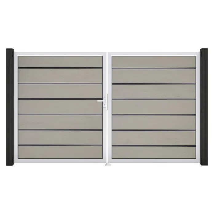 GroJa Solid Gartentor Grande Premium - 300 x 180 cm, Beige (EV1), DIN Anschlag: Links - Modernes zweiflügeliges Tor mit hellgrauen Paneelen, weißem Rahmen und schwarzen Pfosten. Weißer Griff.