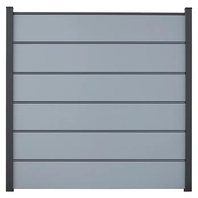 GroJa BasicLine Steckzaun Premium - 180 x 180 cm, Silbergrau - Graues Sichtschutzelement mit horizontalen Lamellen und dunkelgrauen Pfosten.