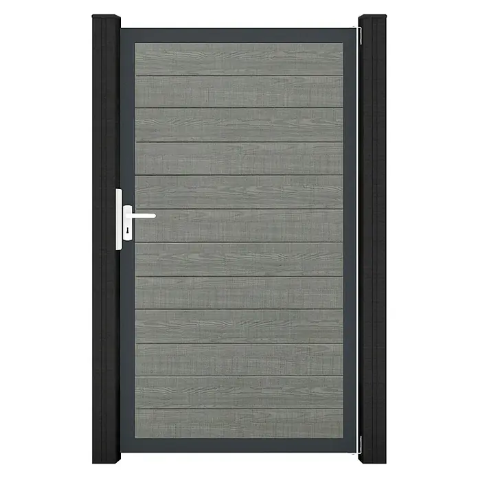 GroJa BasicLine Gartentor Schmal - 100 x 180 cm, Grey Ash Cut (DB703), Kunststoff - Modernes anthrazitfarbenes Gartentor mit grauen Holzlamellen und weißem Griff, zwischen dunklen Pfosten montiert.