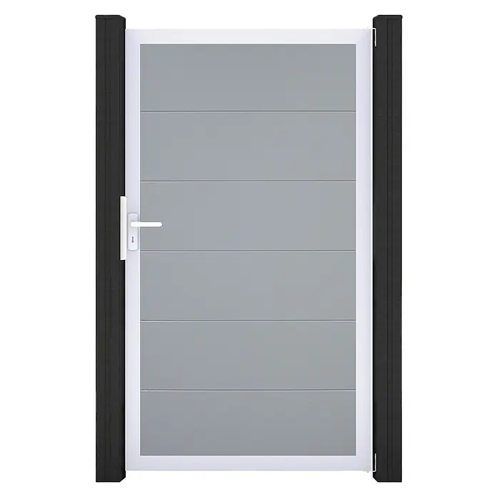 GroJa BasicLine Gartentor - 100 x 180 cm, Silbergrau (EV1), Kunststoff - Hellgraues Gartentor mit horizontalen Paneelen, weißem Rahmen, weißem Griff und dunkelgrauen Pfosten.