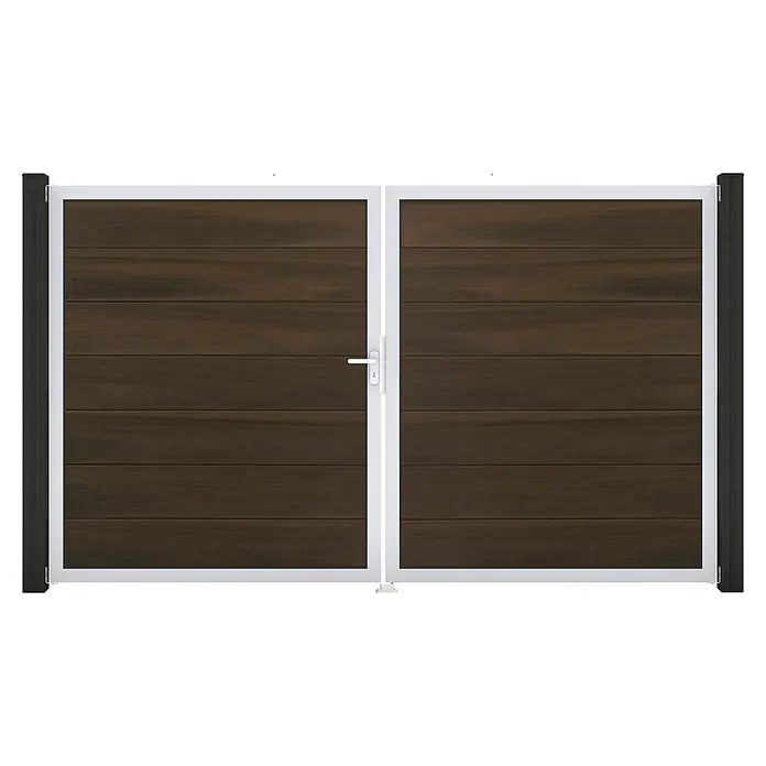 GroJa Solid Gartentor Grande - 300 x 180 cm, Walnuss (EV1), DIN Anschlag: Links - Doppeltor mit dunkelbraunen Holzpaneelen und weißem Rahmen, inklusive weißem Griff.