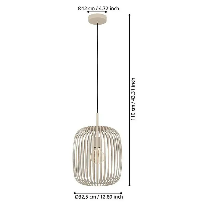 Eglo Romazzina Pendelleuchte - 40 W, Sand, E27, Anzahl Leuchtmittel: 1 Stk. - Abbildung einer dekorativen Pendelleuchte. Die Lampe hat einen cremefarbenen Lampenschirm in Käfigoptik und eine Gesamthöhe von 110 cm.