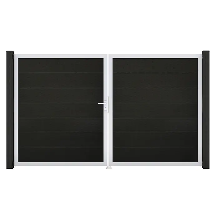 GroJa Solid Gartentor Grande - 300 x 180 cm, Schwarz (EV1), DIN Anschlag: Links - Modernes zweiflügeliges Tor mit dunkelgrauen horizontalen Paneelen und weißem Rahmen.