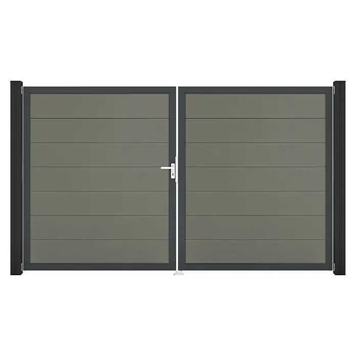 GroJa Solid Gartentor Grande - 300 x 180 cm, Grau (DB703), DIN Anschlag: Links - Zweiflügeliges Tor mit dunkelgrauem Metallrahmen, hellgrauen Lamellen und weißem Griff.