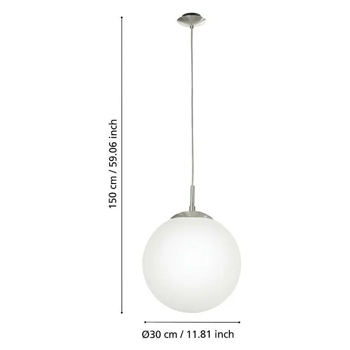 Eglo Pendelleuchte rund Rondo - Durchmesser: 300 mm - Diese Aufnahme zeigt eine elegante weiße Hängeleuchte mit einem Durchmesser von 30 cm, die an einer 150 cm langen Aufhängung befestigt ist.