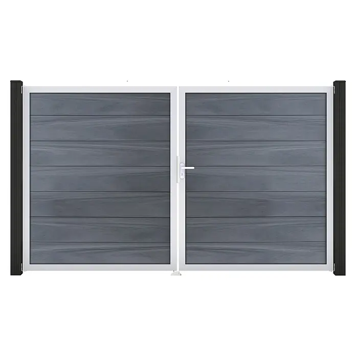 GroJa Solid Gartentor Grande - 300 x 180 cm, Steingrau (EV1), DIN Anschlag: Rechts - Doppeltes Tor mit grauen Holzpaneelen, weißem Rahmen und dunkelgrauen Pfosten.