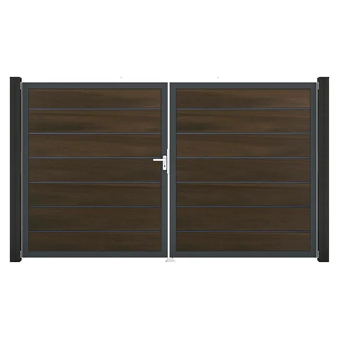 GroJa Solid Gartentor Grande Premium - 300 x 180 cm, Walnuss (DB703), DIN Anschlag: Links - Doppeltor mit dunkelbraunen horizontalen Holzpaneelen und dunkelgrauem Metallrahmen, mit weißem Griff.