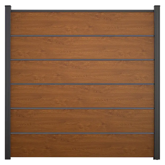 GroJa BasicLine Steckzaun Premium - 180 x 180 cm, Golden Oak - Braunes Zaunpaneel in Holzoptik mit dunkelgrauen Querleisten und vertikalen Rahmenpfosten.