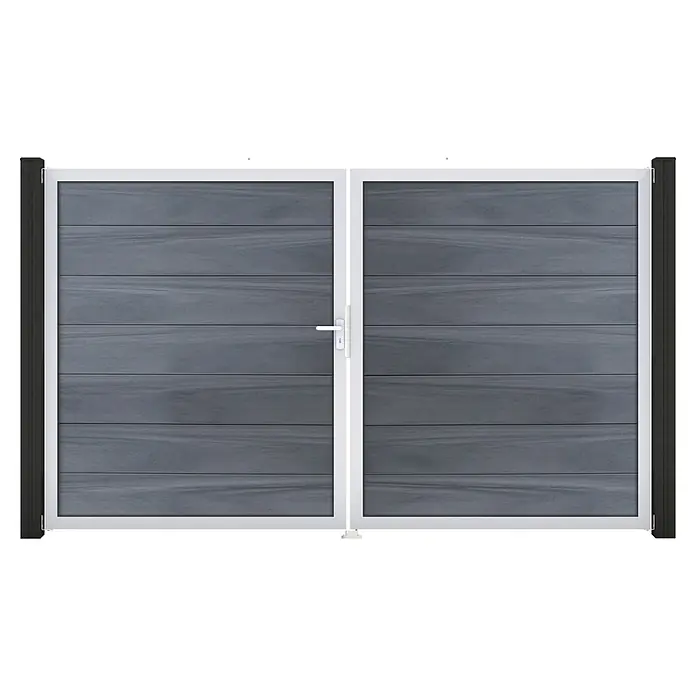 GroJa Solid Gartentor Grande - 300 x 180 cm, Steingrau (EV1), DIN Anschlag: Links - Doppeltor mit grauen Holzoptik-Paneelen und weißem Rahmen, flankiert von dunklen Pfosten.
