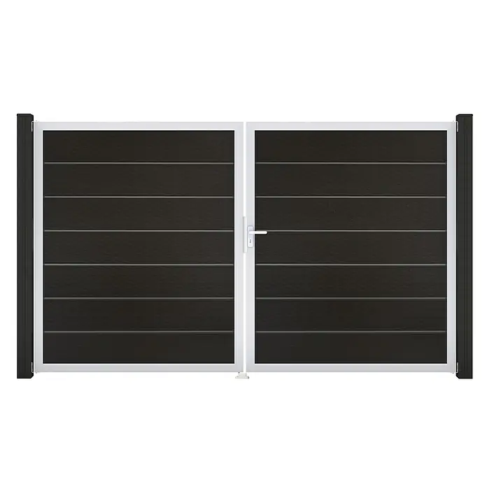 GroJa Solid Gartentor Grande Premium - 300 x 180 cm, Schwarz (EV1), DIN Anschlag: Rechts - Dunkelgraues Doppelflügeltor mit weißem Rahmen, schwarzen Pfosten und strukturierten Horizontalpaneelen.
