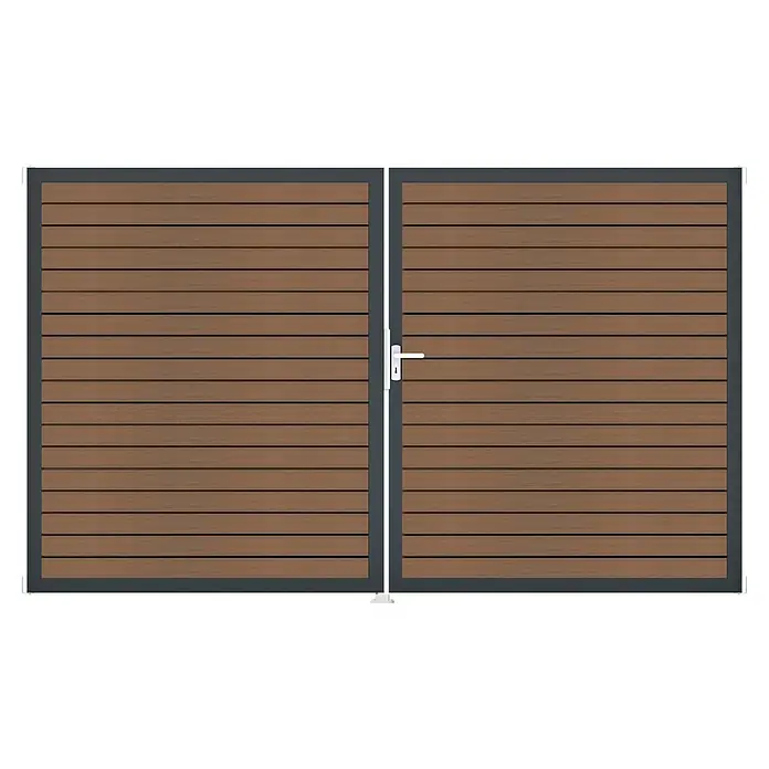 GroJa Gartentor Rhombus - 300 x 180 cm, Teak (DB703), DIN Anschlag: Rechts - Zweiflügeliges Tor mit horizontalen braunen Holzlamellen, dunkelgrauem Metallrahmen und weißem Griff.