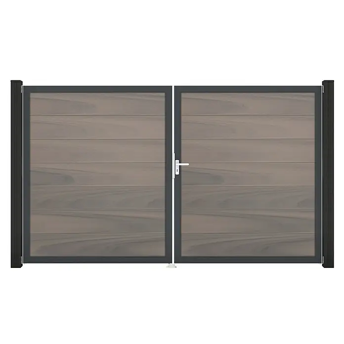 GroJa Solid Gartentor Grande - 300 x 180 cm, Beige (DB703), DIN Anschlag: Rechts - Zweiflügeliges Tor mit dunkelgrauem Rahmen und hellen Holzpaneelen, mit weißem Griff.