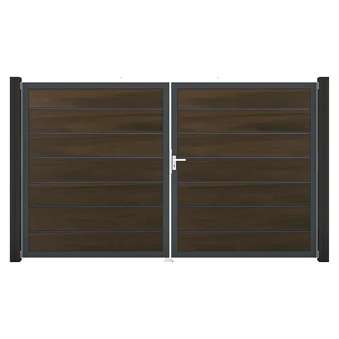 GroJa Solid Gartentor Grande Premium - 300 x 180 cm, Walnuss (DB703), DIN Anschlag: Rechts - Modernes Doppeltor mit dunklen Holzoptik-Paneelen und dunkelgrauem Metallrahmen.