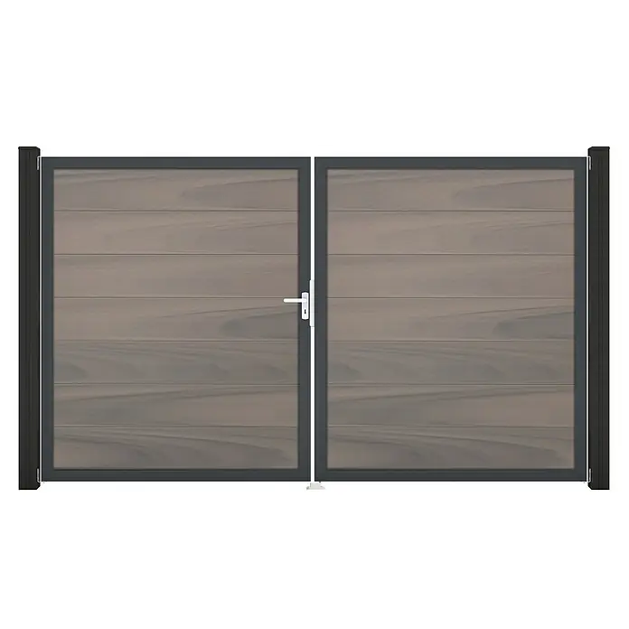 GroJa Solid Gartentor Grande - 300 x 180 cm, Beige (DB703), DIN Anschlag: Links - Doppeltor mit dunkelgrauem Metallrahmen und Pfosten, mit grau-braunen Holzoptik-Lamellen und weißem Griff.