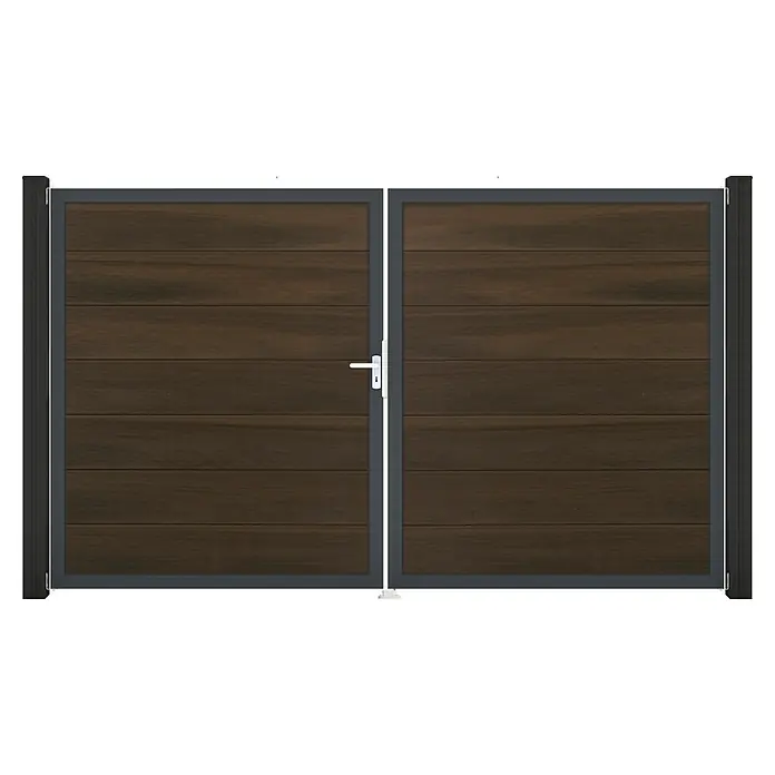 GroJa Solid Gartentor Grande - 300 x 180 cm, Walnuss (DB703), DIN Anschlag: Links - Zweiflügeliges Tor mit dunkelbraunen Holzoptik-Paneelen, eingefasst in einen dunkelgrauen Metallrahmen, mit weißem Griff.