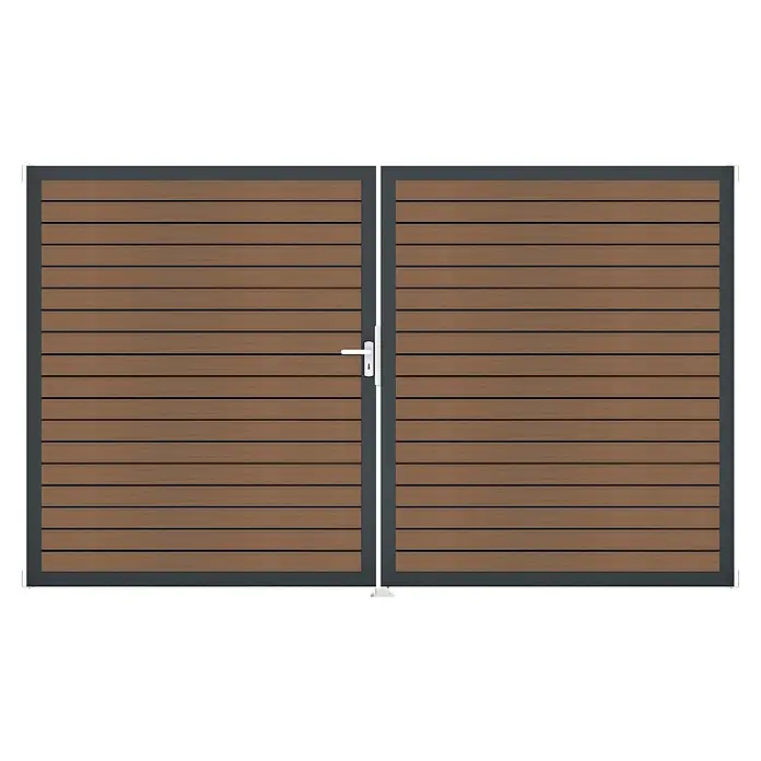 GroJa Gartentor Rhombus - 300 x 180 cm, Teak (DB703), DIN Anschlag: Links - Doppeltor mit horizontalen braunen Holzlatten und dunkelgrauem Rahmen, mit weißem Griff.