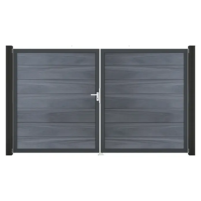 GroJa Solid Gartentor Grande - 300 x 180 cm, Steingrau (EDB703), DIN Anschlag: Links - Graues Doppeltor mit horizontalen Holzpaneelen, dunkelgrauem Rahmen und weißem Griff.