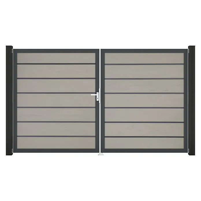 GroJa Solid Gartentor Grande Premium - 300 x 180 cm, Beige (DB703), DIN Anschlag: Links - Dunkelgraues Doppeltor mit hellgrauen Horizontalpaneelen und weißem Griff.