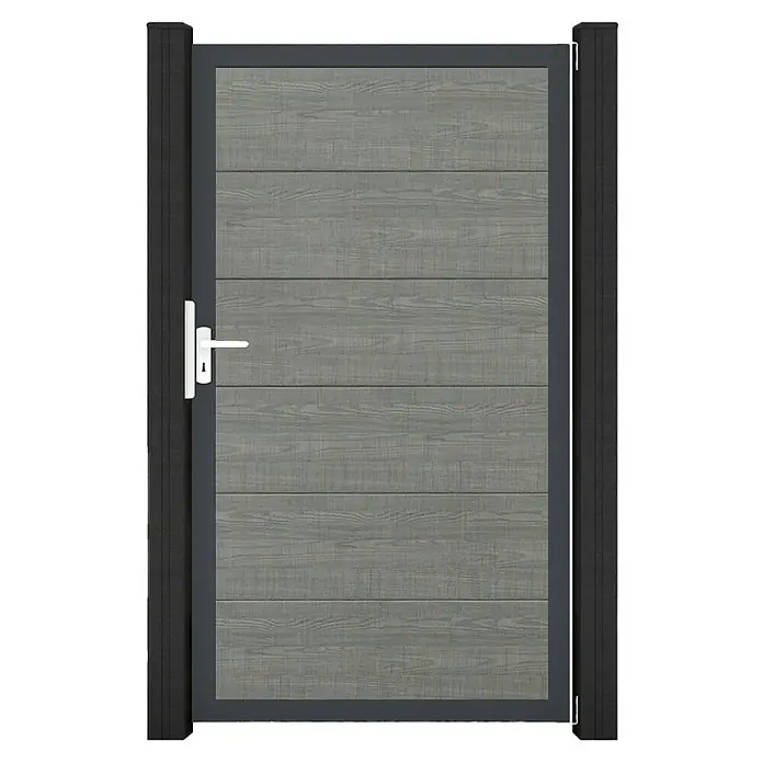 GroJa BasicLine Gartentor - 100 x 180 cm, Grey Ash Cut (DB703), Kunststoff - Moderne graue Komposit-Gartentür mit dunklem Rahmen, weißem Griff und dunklen Pfosten.