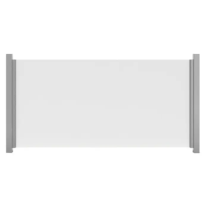GroJa Ambiente Sichtschutzelement - B x H: 180 x 90 cm - Weiße ausziehbare Seitenmarkise mit grauen Metallpfosten, als Sichtschutz ausgefahren.