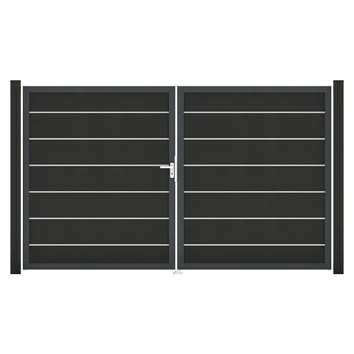 GroJa Solid Gartentor Grande Premium - 300 x 180 cm, Anthrazitgrau (DB703), DIN Anschlag: Links - Anthrazitfarbenes Doppelflügeltor mit horizontalen weißen Zierleisten und weißem Griff.