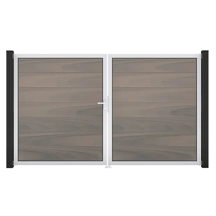 GroJa Solid Gartentor Grande - 300 x 180 cm, Bi-Color Grau (EV1), DIN Anschlag: Links - Doppeltor mit hellbrauner Holzplankenfüllung, weißem Rahmen und dunklen Seitenpfosten, inklusive weißem Griff und Schloss.