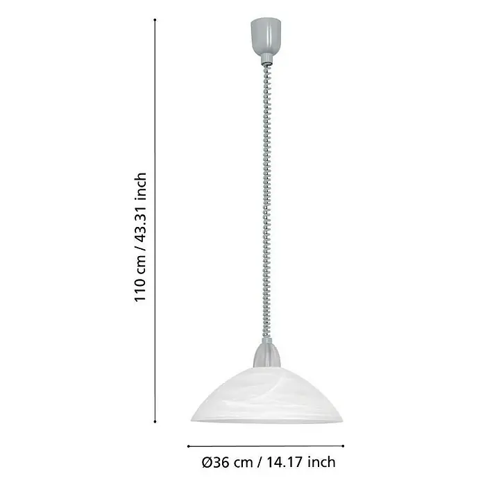 Eglo Pendelleuchte rund Lord 2 - Durchmesser: 360 mm, Höhe: 110 cm, Weiß, Nickel matt - Eine graue Hängelampe mit einem spiralförmigen Kabel und einem weißen Lampenschirm wird gezeigt. Die Lampe hat eine Höhe von 110cm und einen Durchmesser von 36cm.