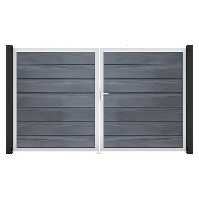 GroJa Solid Gartentor Grande Premium - 300 x 180 cm, Steingrau (EV1), DIN Anschlag: Rechts - Zweiflügeliges Tor mit horizontalen grauen Holzlamellen, weißem Rahmen und Griff.