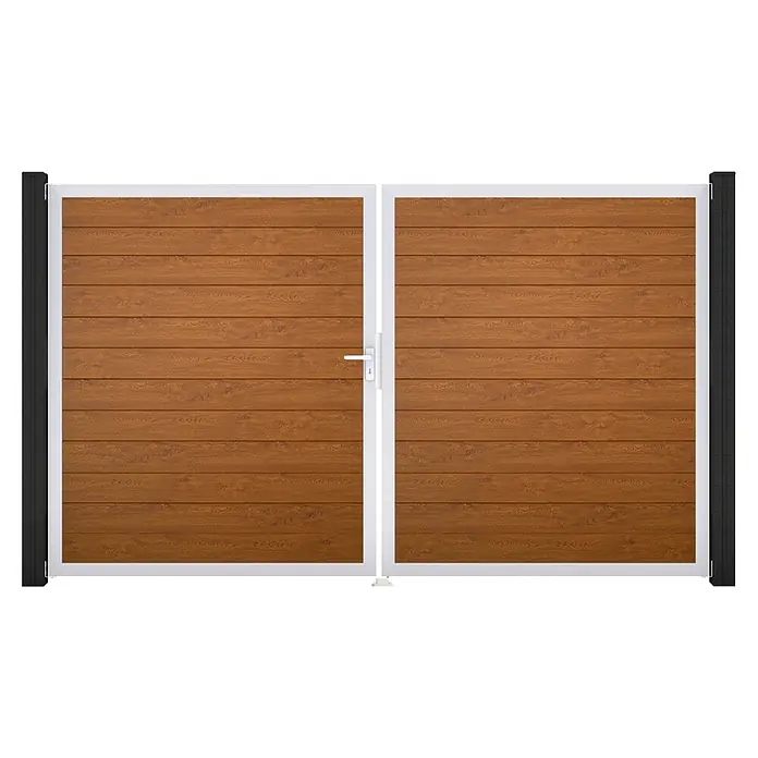 GroJa BasicLine Gartentor Schmal - 300 x 180 cm, Golden Oak (EV1), Kunststoff, DIN Anschlag: Links - Braunes Doppel-Flügeltor in Holzoptik mit weißem Rahmen, schwarzen Pfosten und weißem Griff.