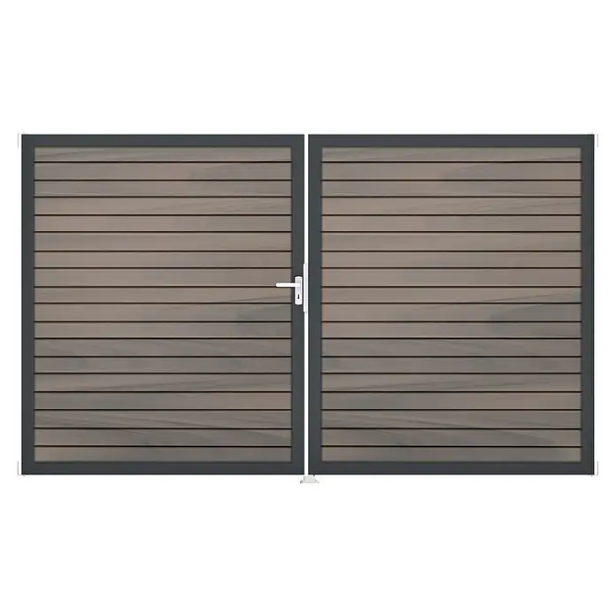 GroJa Gartentor Rhombus - 300 x 180 cm, Beige (DB703), DIN Anschlag: Links - Doppeltor mit dunkelgrauem Rahmen und horizontalen Holzlamellen, mit weißem Griff.