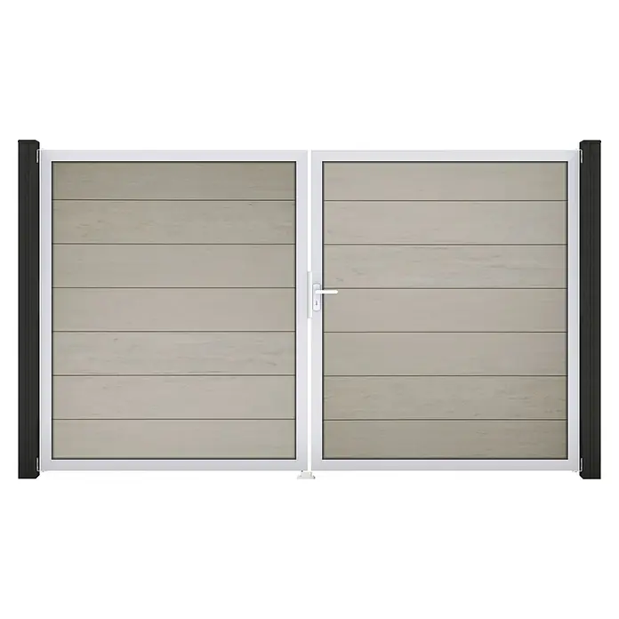 GroJa Solid Gartentor Grande - 300 x 180 cm, Beige (EV1), DIN Anschlag: Rechts - Hellbeige Holzoptik-Doppeltor mit weißem Rahmen und Griff, flankiert von dunkelgrauen Pfosten.