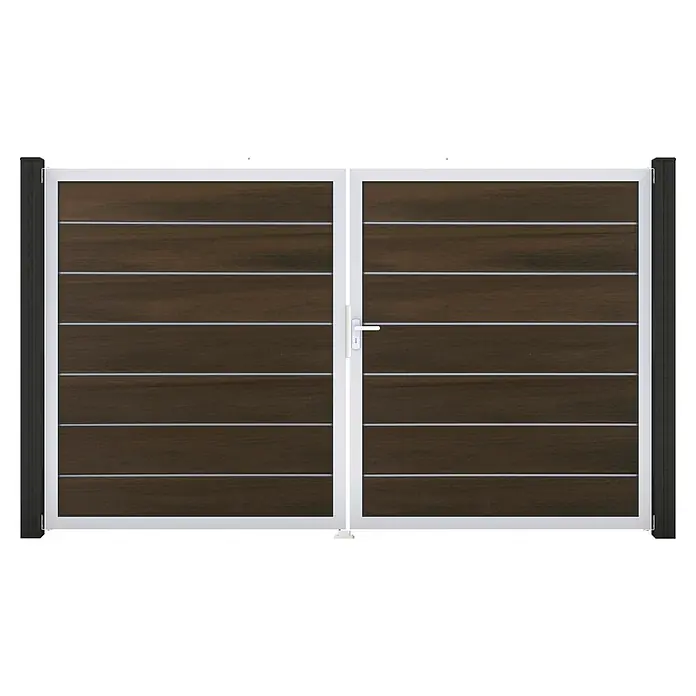 GroJa Solid Gartentor Grande Premium - 300 x 180 cm, Walnuss (EV1), DIN Anschlag: Rechts - Doppeltor mit dunklen Holzpaneelen und weißem Rahmen.