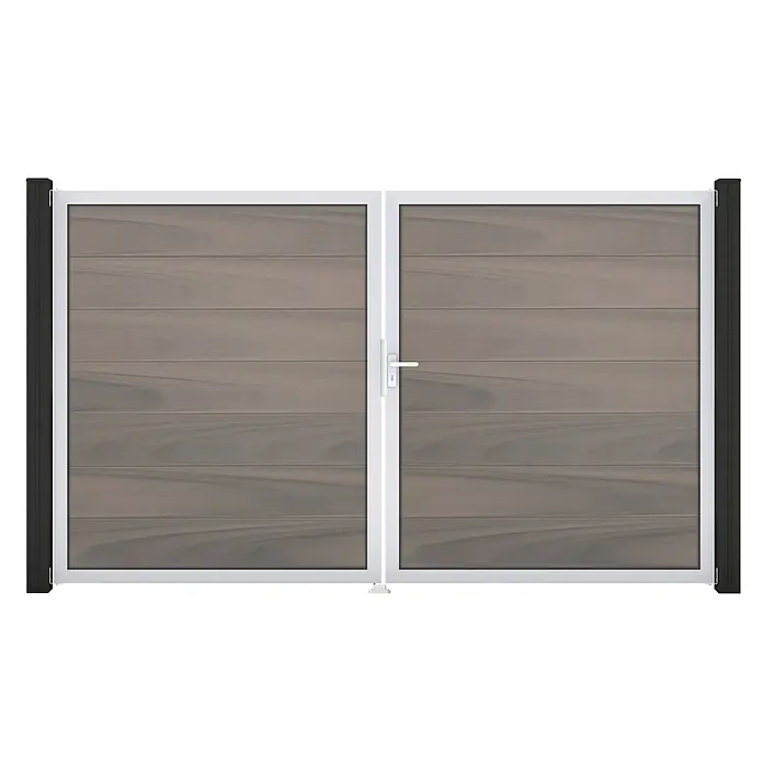 GroJa Solid Gartentor Grande - 300 x 180 cm, Bi-Color Grau (EV1), DIN Anschlag: Rechts - Doppeltor mit grau-holzfarbenen Paneelen, weißem Rahmen und dunkelgrauen Pfosten.