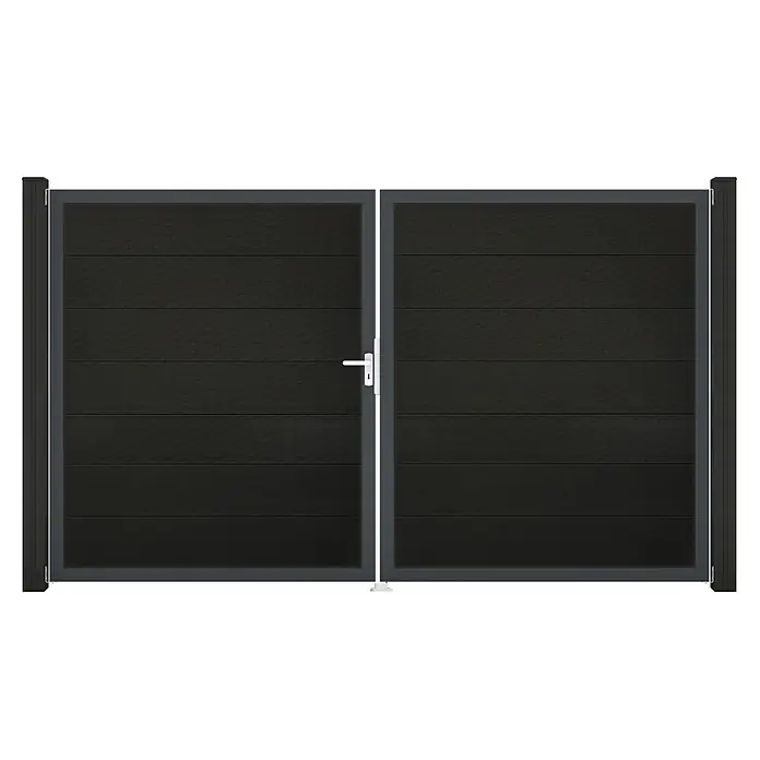 GroJa Solid Gartentor Grande - 300 x 180 cm, Schwarz (DB703), DIN Anschlag: Links - Dunkelgraues Doppeltor mit horizontalen Paneelen und weißem Griff.