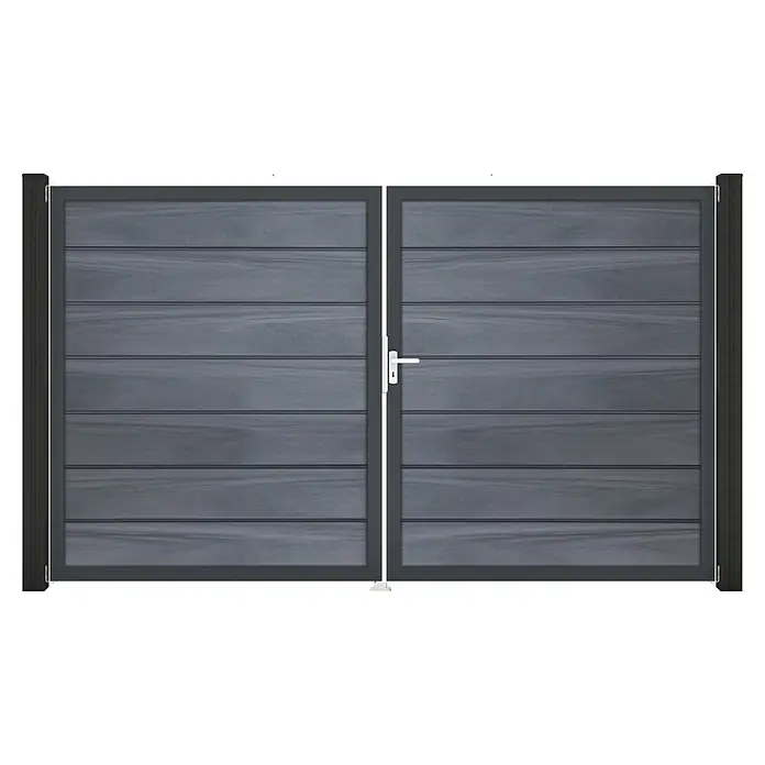 GroJa Solid Gartentor Grande Premium - 300 x 180 cm, Steingrau (EDB703), DIN Anschlag: Rechts - Dunkelgraues Doppeltor mit horizontalen Latten und weißem Griff.