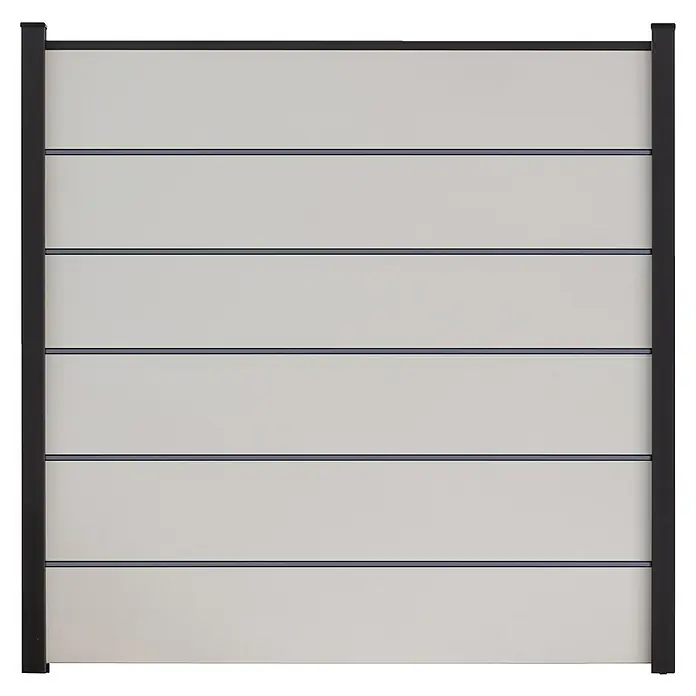 GroJa BasicLine Steckzaun Premium - 180 x 180 cm, Weiß - Helles, graues Verbundzaunelement mit horizontalen Lamellen und dunkelgrauem Rahmen, ideal für Sichtschutz.