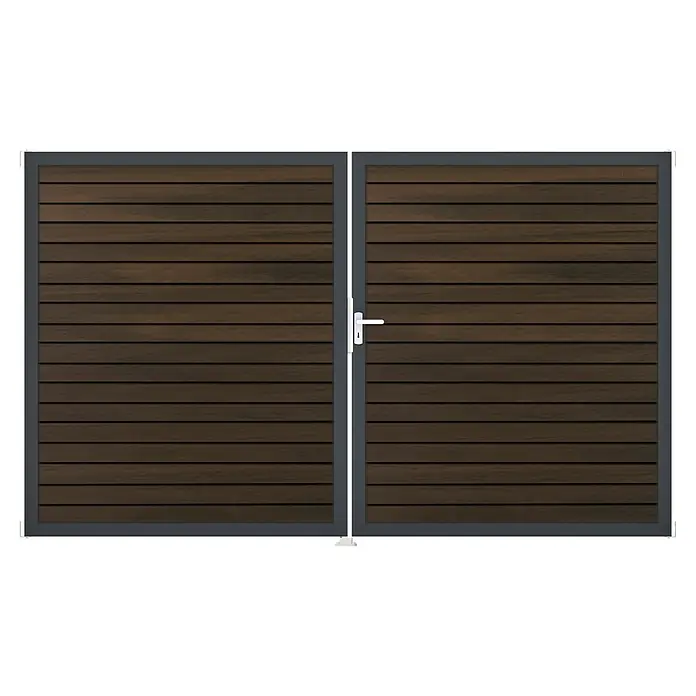 GroJa Gartentor Rhombus - 300 x 180 cm, Walnuss (DB703), DIN Anschlag: Rechts - Zweiflügeliges Tor mit dunkelbraunen horizontalen Holzlamellen und einem dunkelgrauen Rahmen, mit einem weißen Griff am rechten Flügel.