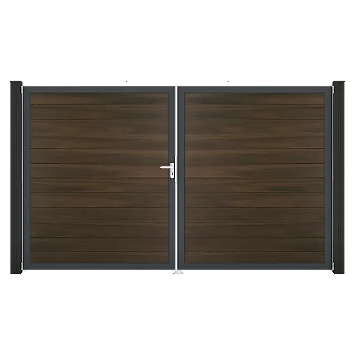 GroJa Solid Gartentor - 300 x 180 cm, Walnuss (DB703), DIN Anschlag: Links - Doppeltor mit dunkelbraunen Holzoptik-Lamellen und dunkelgrauem Metallrahmen, mit weißem Griff.