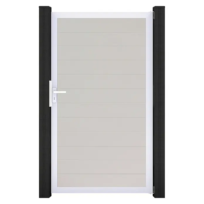 GroJa BasicLine Gartentor Schmal - 100 x 180 cm, Weiß (EV1), Kunststoff - Weißes Gartentor mit horizontalen Lamellen, weißem Griff und schwarzen Pfosten.