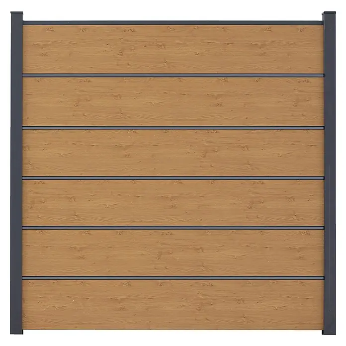 GroJa BasicLine Steckzaun Premium - 180 x 180 cm, Asteiche Natur - Modernes Zaunelement mit hellbraunen Holzlamellen und dunkelgrauem Metallrahmen.