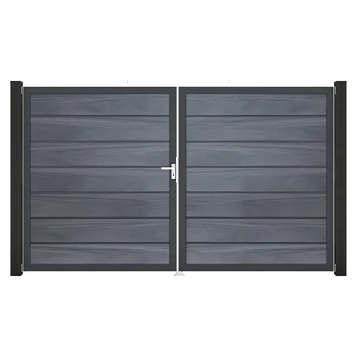 GroJa Solid Gartentor Grande Premium - 300 x 180 cm, Steingrau (EDB703), DIN Anschlag: Links - Dunkelgraues Doppeltor mit horizontalen Lamellen, grauem Rahmen und weißem Griff.