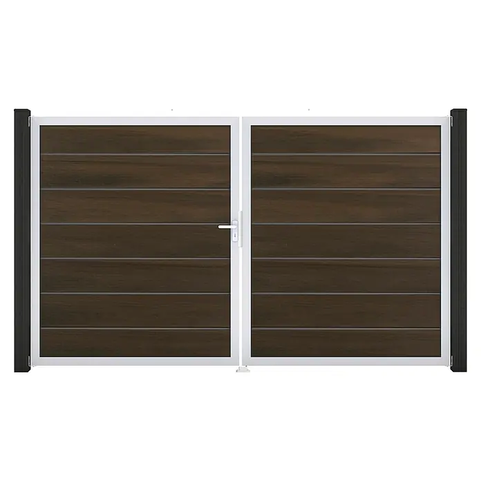 GroJa Solid Gartentor Grande Premium - 300 x 180 cm, Walnuss (EV1), DIN Anschlag: Links - Dunkelbraunes Doppeltor mit Holzoptik, weißem Rahmen und Griff, als Garten- oder Einfahrtstor.