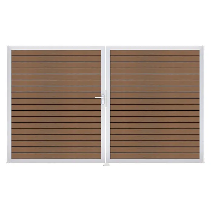 GroJa Gartentor Rhombus - 300 x 180 cm, Teak (EV1), DIN Anschlag: Links - Doppeltür mit brauner horizontaler Holzverkleidung und weißem Rahmen, mit weißem Griff.