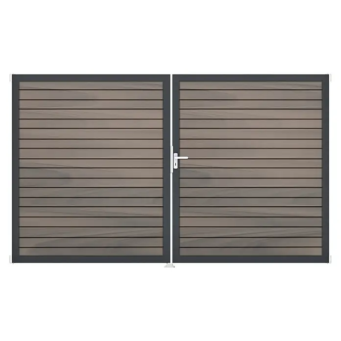 GroJa Gartentor Rhombus - 300 x 180 cm, Beige (DB703), DIN Anschlag: Rechts - Zwei dunkelgrau gerahmte Torflügel mit horizontalen Holzlamellen und einem weißen Griff.