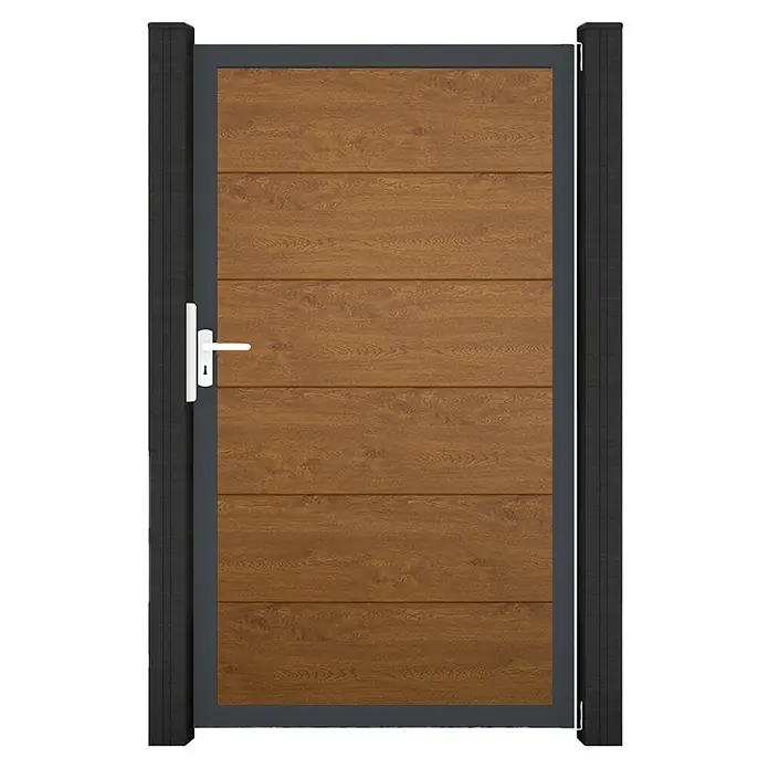 GroJa BasicLine Gartentor - 100 x 180 cm, Golden Oak (DB703), Kunststoff - Braunfarbenes Gartentor in Holzoptik mit dunkelgrauem Metallrahmen und weißem Griff.