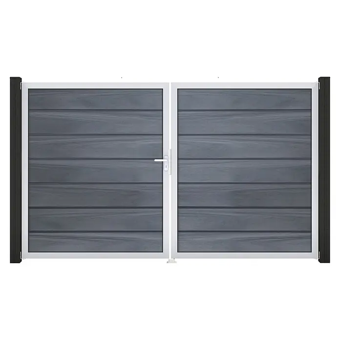 GroJa Solid Gartentor Grande Premium - 300 x 180 cm, Steingrau (EV1), DIN Anschlag: Links - Doppeltor mit grauer horizontaler Lamellenfüllung, weißem Rahmen und Griff.