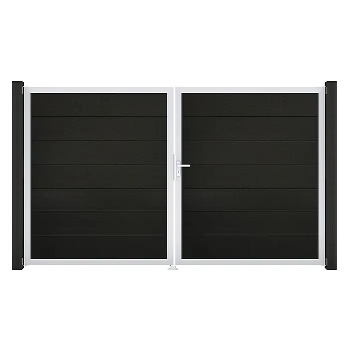 GroJa Solid Gartentor Grande - 300 x 180 cm, Schwarz (EV1), DIN Anschlag: Rechts - Dunkles Doppeltor mit horizontalen Paneelen und weißem Rahmen, mittig weißer Griff.